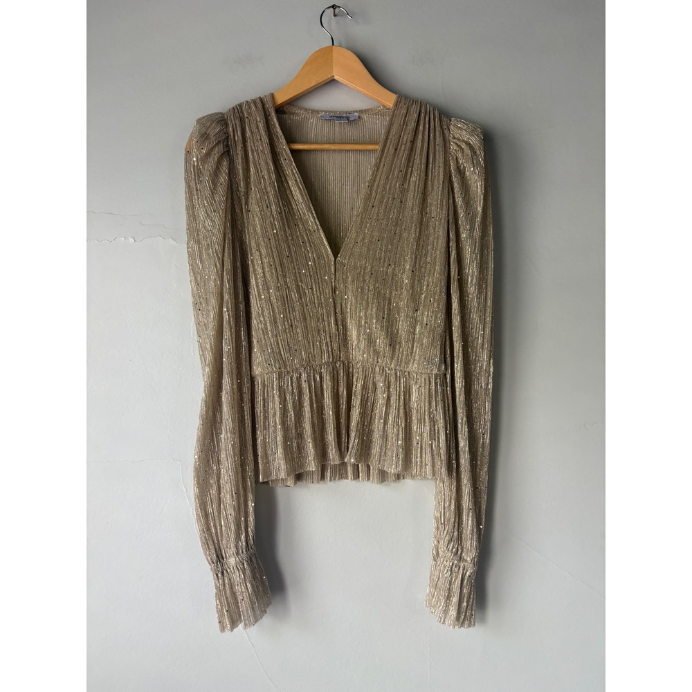 Sabina Musayev Liya Blouse Gold Metallic Pleated Peplum Top Size Large - Picture 5 of 10